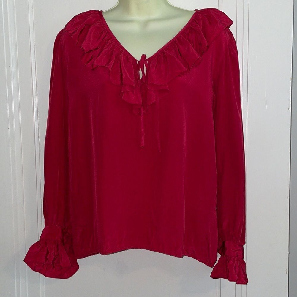 Vtg 80s/90s Saint Laurent maroon silk blouse with ruffled neck & cuffs